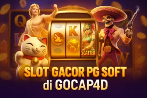 Ilustrasi slot gacor PG Soft di GOCAP4D dengan karakter game populer dan mesin slot 3D