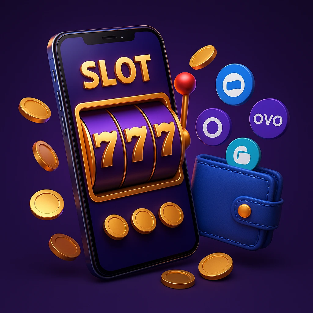Slot Mobile penghasil saldo e-wallet dengan tampilan 3D mewah dan simbol DANA, OVO, GoPay di smartphone modern
