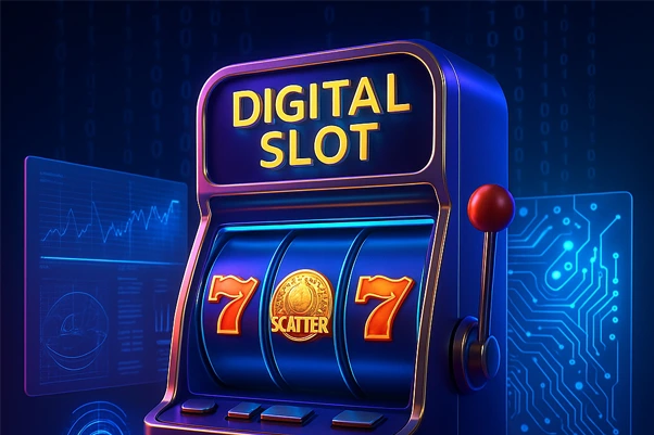 Mesin slot digital 3D dengan simbol scatter di tengah tampilan futuristik bertema teknologi canggih